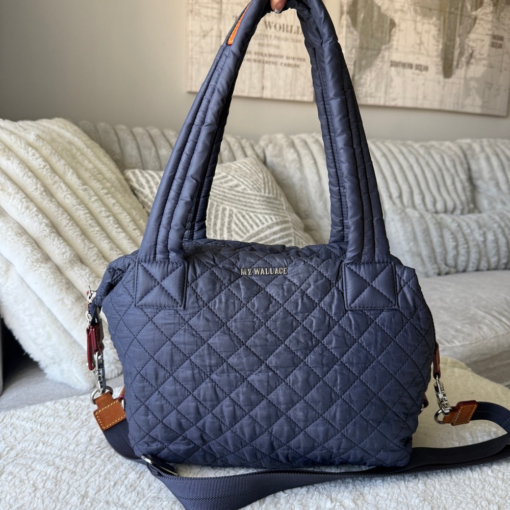 MZ Wallace Medium Metro Tote Navy Quilted Nylon Crossbody Bag with Pouch